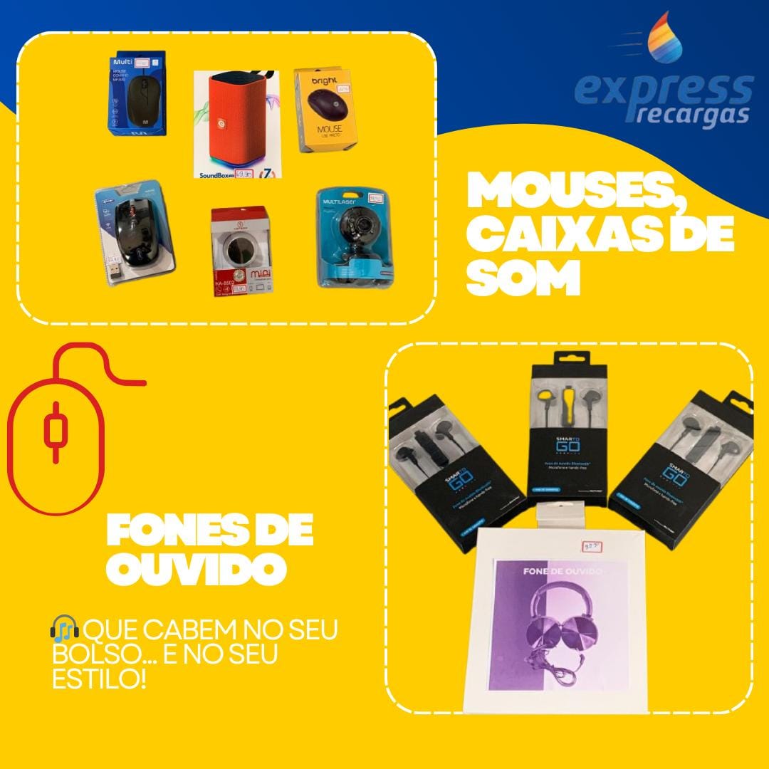 Fones de ouvido, caixas de som e mouses