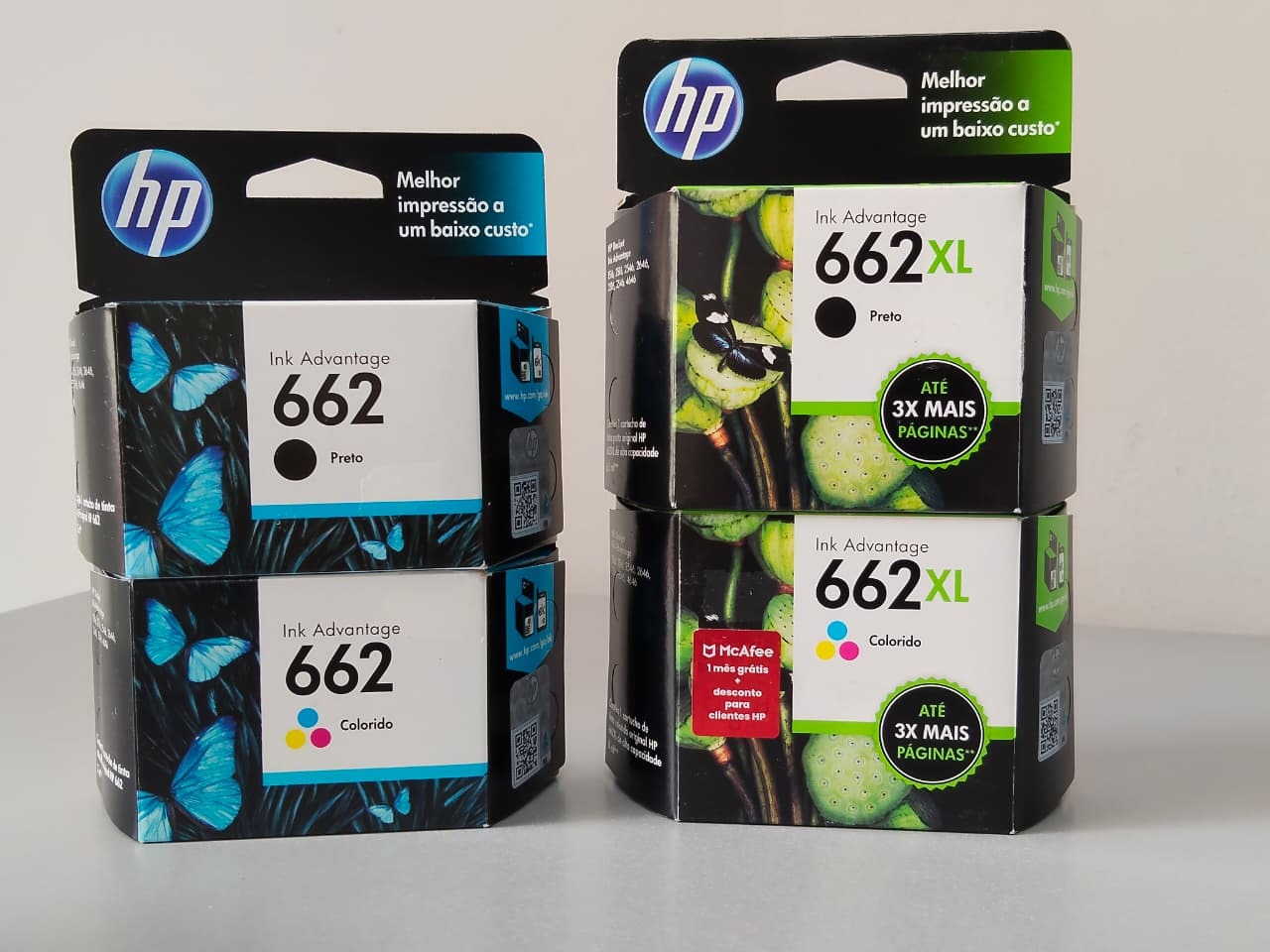 Cartuchos HP 662 e 662XL nas versões preto e colorido