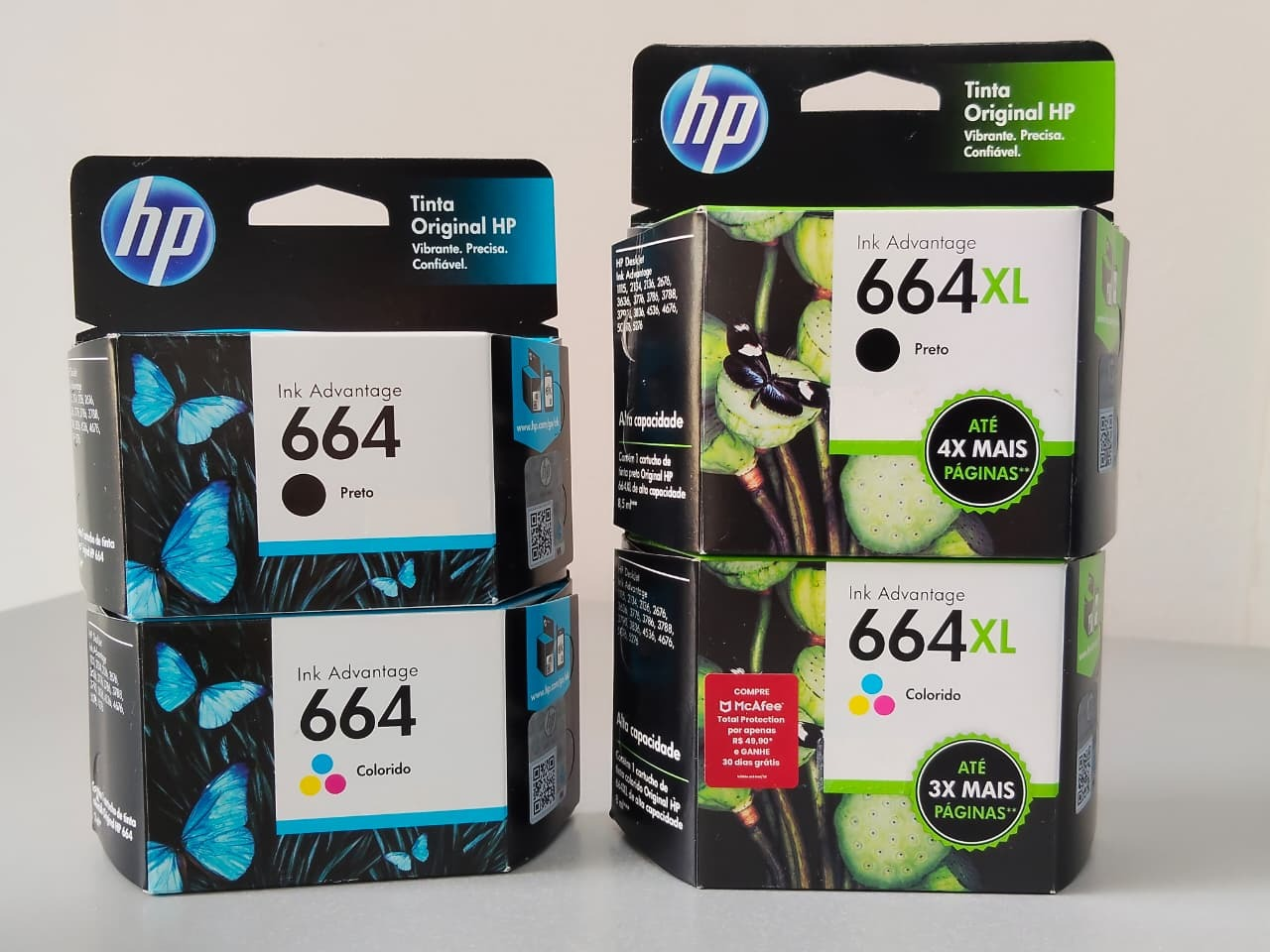 Cartuchos HP 664 e 664XL nas versões preto e colorido