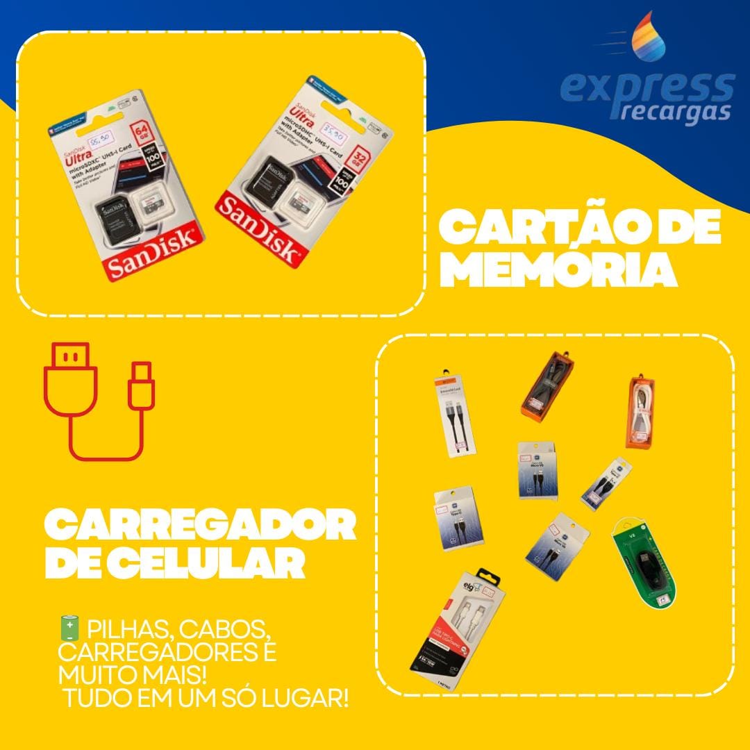 Cartões de memória, cabos e carregadores